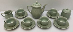 Chinese Longquan Celadon Porcelain Green Teapot Set Embossed Koi Fish Design Includes Creamer, Sugar Dish, Six Cups And Saucers Set