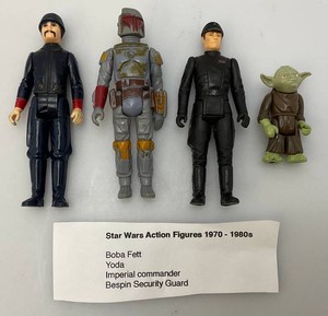 Vintage 1970-1980s STAR WARS Action Figures Boba Fett, Bespin Security Guard, Imperial Commander And Yoda