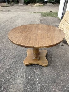 Vintage solid oak single pedestal dining table, with leaf