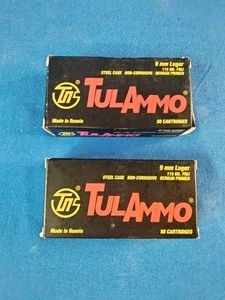 (100) Rounds  TulAmmo 9mm Luger ammunition,