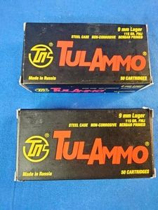 (100) Rounds TulAmmo 9mm Luger ammunition, packaged in 50-round boxes.