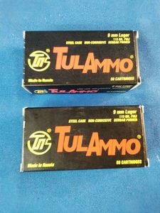 (100) Rounds Two 50-round boxes of TulAmmo 9mm Luger ammunition.