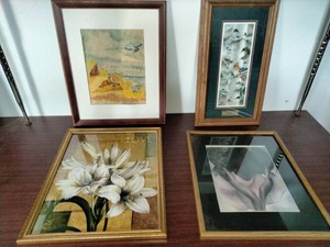 These items appear to be vintage, framed botanical and nature prints, including works that resemble De Jonge flower art