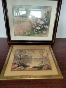 These framed prints share characteristics with early 20th-century American landscape art, specifically resembling hand-tinted photographs by Wallace Nutting.