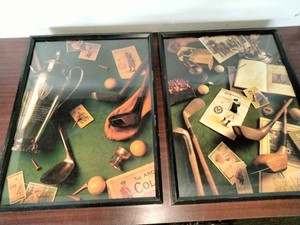 These are Golf I and Golf II wall art prints by artist Michael Harrison, featuring vintage golf clubs and memorabilia.