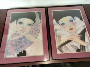 These are vintage Mira Fujita Pierrot mime art prints from the 1980s, recognizable by their distinctive sad clown imagery.