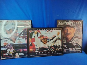 Three framed commemorative prints celebrating NASCAR driver Dale Earnhardt