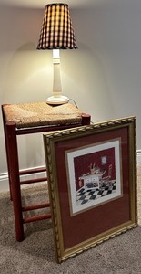 Framed Kitchen Print, Woven Top Stool and Lamp