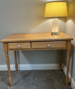 Oak Two-Drawer Console Desk & Lamp