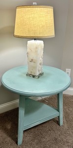 26 Round Aqua Side Table With Lower Shelf & Lamp