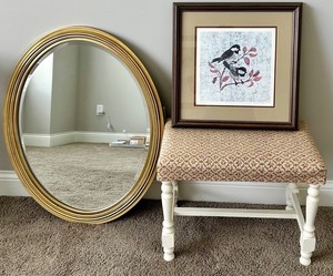 Gold Oval Mirror, Framed Bird Print & Upholstered Bench Mixed Lot