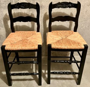 Pair of Black Rush Seat Bar Stools