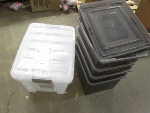 Lot of plastic storage totes, some ...