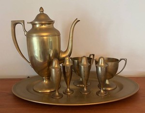 LR - Vintage Brass Platter, CoffeeTeapot, Salt & Pepper Shakers, Platter and More