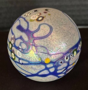 LR - Art Glass Paperweight Shimmering Blue Ribbon Pattern