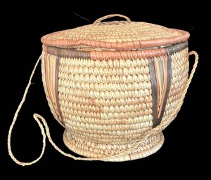 LR - Vintage Hausa Tribal Basket Footed Lidded Woven Basket