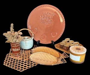 LR - Boho Decor Mixed Lot Sand & Fog Candle, Woven Trays, Teapot and More