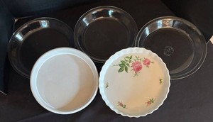 LR - Five Pie Plates by Pyrex, Christine Holm, Bennington Potters and More