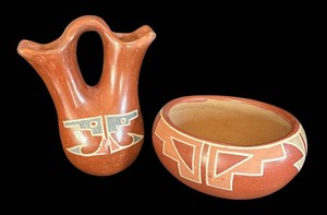 DR - Native American Pueblo Pottery Wedding Vase & Bowl - Vintage Santa Clara Redware
