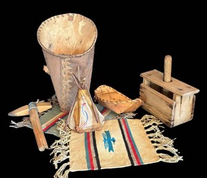 LR - Assorted Native American Collectibles Basket, Teepee Figurine, Tapestries and More