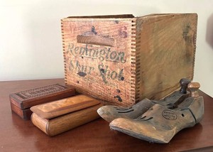 BR1 - Vintage Remington Wooden Crate, Shoe Forms & Trinket Boxes