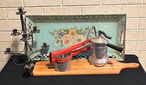 LLR - Vintage Floral Metal Tray, Candle Holder, Potato Ricer & More
