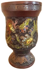 K - Antique Japanese Champleve Bronze Vase Polychrome Enamel