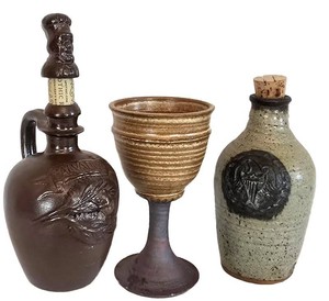 DR - Vintage Stoneware Calvados Jug, 20-PS Bottle & Dated Chalice