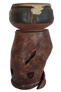 DR - Wood Pedestal & Rustic Japanese Style Stoneware Planter