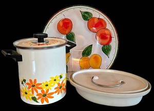 DR - Vintage Enamel Cookware Mixed Lot - EKCO Country Garden Pasta Kettle, Bennington Potters Casserole