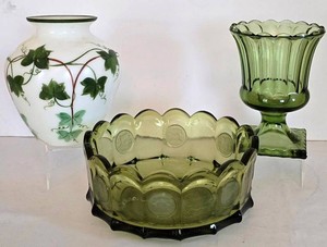 DR - Green Glass Estate Lot Fostoria Coin Bowl Indiana Glass Pedestal Dish Milk Glass Ivy Vase