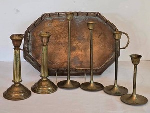DR - Vintage Brass Tray & Candlesticks Mixed Lot