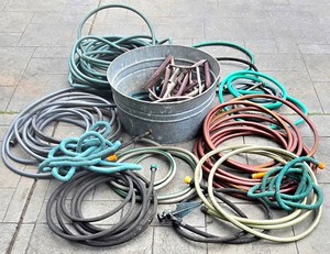 G - Tin Wash Basin & Assorted Hoses Mixed Lot