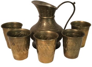 LL - Vintage Brass Pitcher, 5 Cups & Candle Snuffer Estate Set