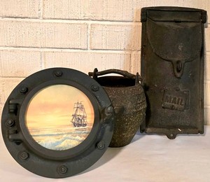 LL - Vintage Cast Iron Mailbox, Iron Bucket & Porthole Art Mixed Lot