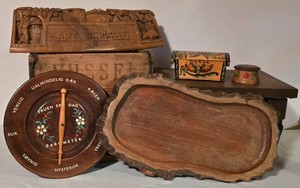 LL - Vintage Wooden Objects Mixed Lot Barometer, Carved Trays & Folk Art Boxes