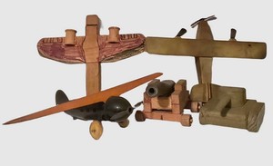 LL - Wooden Toy Airplanes, Tank & Cannon Set (Lot of 4)