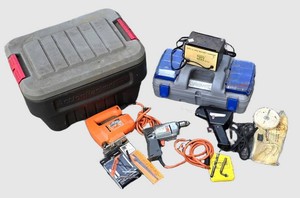 G - Toolbox Mixed Lot Black & Decker Drill, Jigsaw, Soldering Gun & Sears Charger