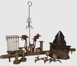 LL - Vintage Candle Holders Mixed Lot - Wood, Brass, Metal & JUBLA Candles