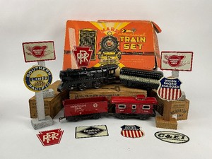 Marx Mechanical Train Set plus 9 Post Cereal Railroad Tin Signs
