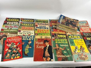 Vintage Dell Comic Book Lot - Walt Disney, Tarzan, Rocky & Friends, Rin Tin Tin, Beetle Bailey, Popeye, Western TV Shows, Plus Several More