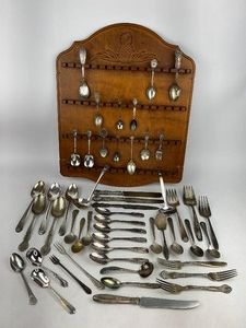 Vintage Wood Spoon Rack with Spoons and other Silverware