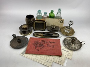 Antique Inkwells, Fountain Pens, Desk Set with Candle Holders and a 1901 Penmanship Guide