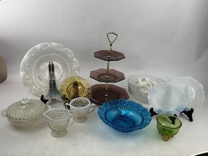 Vintage Glass Lot - Anchor Hocking Hobnail, Tiered Plate Stand, Bowl