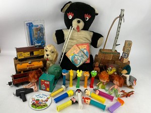 Vintage Toy Lot - Teddy Bear, Pez, Train Cars, Strawberry Shortcake