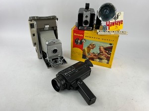 Vintage Camera Lot - Kodak Brownie Hawkeye, Polaroid, and Bell & Howell Movie Camera