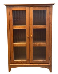 LR - Vintage Wood Display Cabinet Ribbed Glass Doors