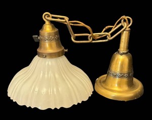 LR - Vintage Pendant Light Brass Art Deco Clam Broth Milk Glass Shade