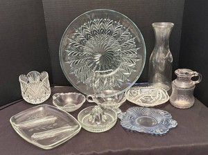 LR - Vintage Glass & Crystal Serving Pieces Mixed Lot including a Vintage Jeannette Glass 14 Torte Platter in the Feather Pattern