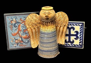LR - Two Pretty Pottery Trivets & Angel Candle Holder